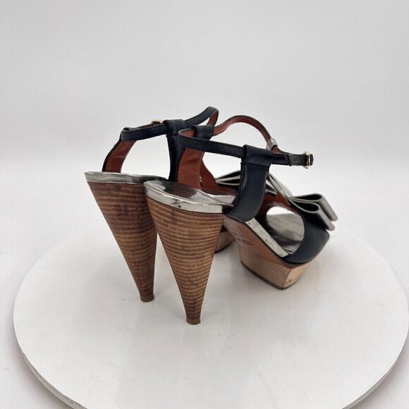 Lanvin Women Size EU 37 US 7 Black Silver Bow T Strap Platform Cone Heel Sandal - Picture 5 of 15